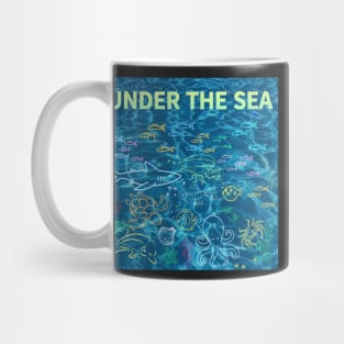 under the sea,blue sea,sea creatures,Turtle, puffer fish, starfish, shrimp, shark, tropical fish, sea horse, seaweed, sardines, squid, crabs, clams Mug